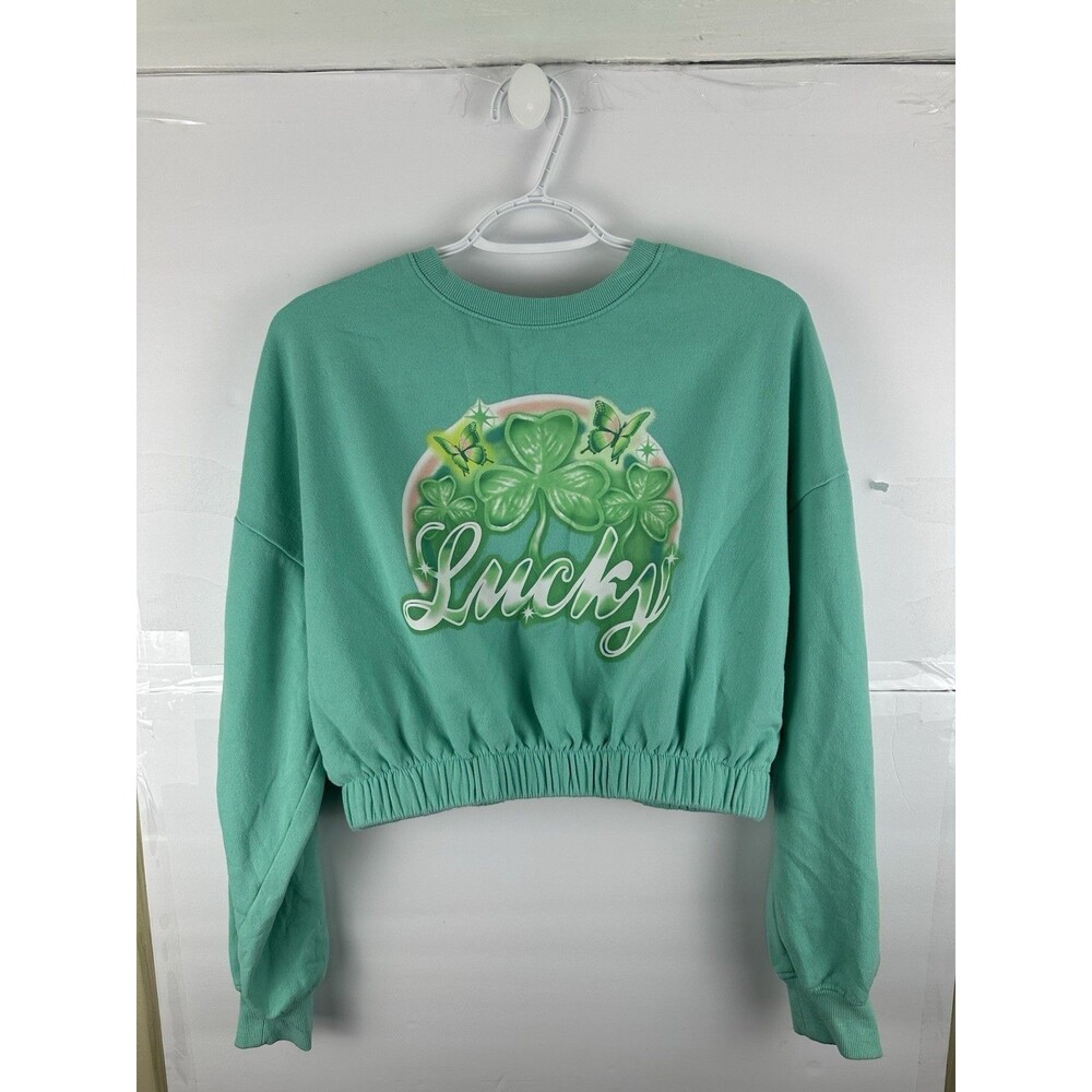 Isaac Morris Cropped Sweatshirt Sz S Lucky Shamrock Airbrush Teal St Patrick